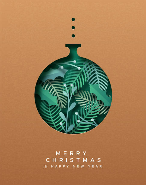 Christmas New Year eco nature paper cut bauble Green Christmas greeting card illustration of 3d papercut bauble with cutout pine tree leaf decoration inside. Eco friendly winter celebration event concept, recycled paper design. christmas card stock illustrations