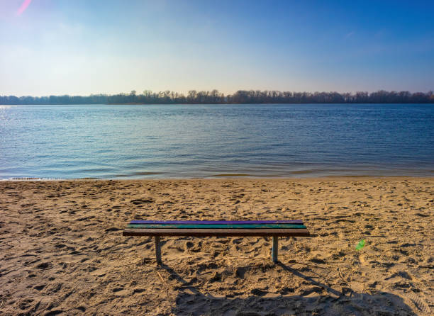 A wooden bench without people on the river bank on a sunny day stock photo