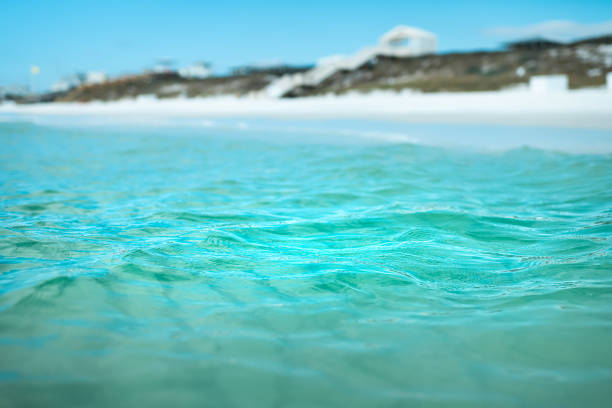 Relaxing view from inside water on coast shore beach with turquoise blue water waves at Gulf of Mexico ocean sea in Seaside, Florida panhandle