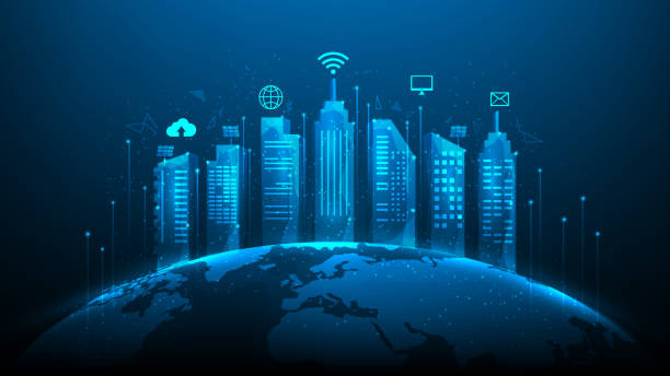 istock smart city building technology on global. network connection and intelligent city on blue dark background. vector illustration fantastic hi tech. iot digital transformation.internet of things concept. 1445000984