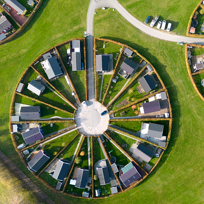 Aerial view of the round gardens surrounding small cottages used as summerhouses just outside of Copenhagen, Denmark