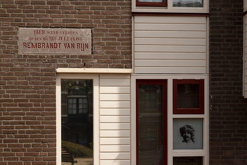 Leiden, Netherlands, April 12, 2022; Plaque commemorating the birthplace of Rembrandt Van Rijn in the Dutch city of Leiden.