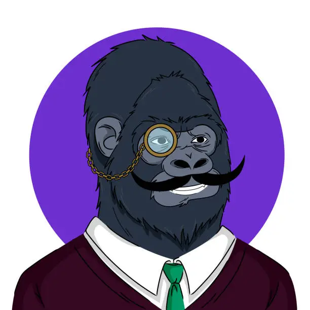 Vector illustration of Gorilla with a monocle in a suit icon concept