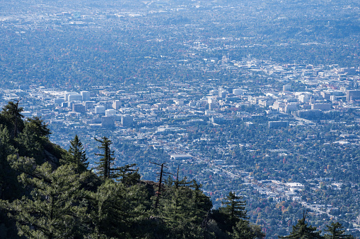 View of downtown Pasadena from the Mt Lowe hiking trail in the Angeles National Forest and San Gabriel Mountains area of Los Angeles County, California.