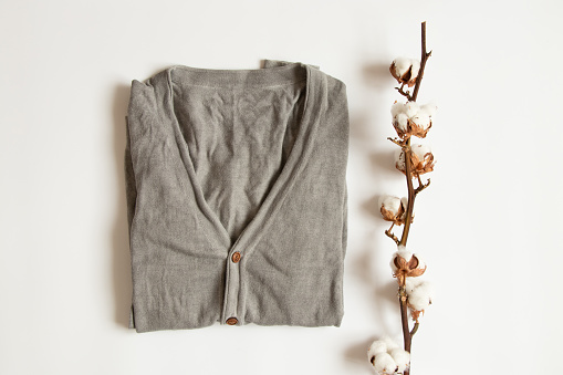 Men's gray stylish jacket with buttons and a branch of dry cotton on a white background, stylish clothing