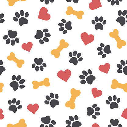 Cute seamless pattern with pet paws, bones and hearts. Vector illustration on white background. It can be used for wallpapers, wrapping, cards, patterns for clothes and other.