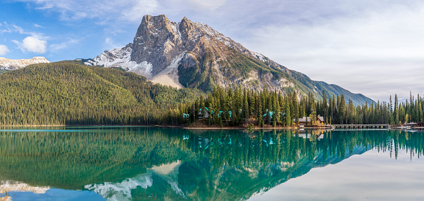 A panoramic picture of Emerald lake Yoho National Park British Columbia Canada