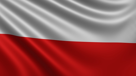 Polish flag waving in the blue sky. Politics and Government Concept.