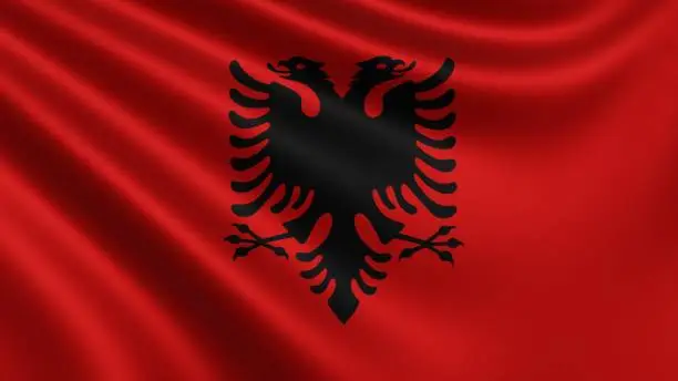 Photo of Render of the Albanian flag flutters in the wind close-up, the national flag of Albanian flutters in 4k resolution, close-up, colors: RGB.