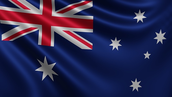 Render of the Australian flag flutters in the wind close-up, the national flag of Australia flutters in 4k resolution, close-up, colors: RGB. High quality 3d illustration
