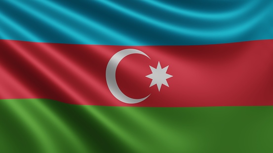 Render of the Azerbaijan flag flutters in the wind close-up, the national flag of Azerbaijan flutters in 4k resolution, close-up, colors: RGB. High quality 3d illustration