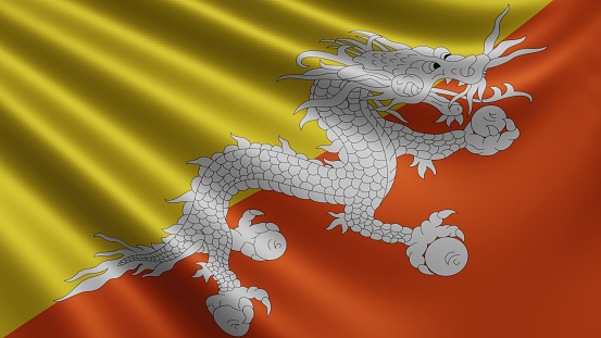 Render of the Bhutan flag flutters in the wind close-up, the national flag of Bhutan flutters in 4k resolution, close-up, colors: RGB. High quality 3d illustration