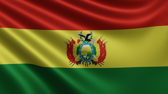 Render of the Bolivia flag flutters in the wind close-up, the national flag of Bolivia flutters in 4k resolution, close-up, colors: RGB. High quality 3d illustration