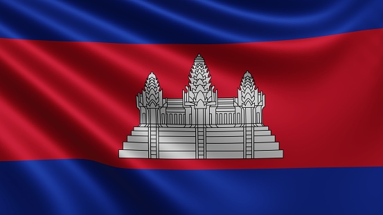 Render of the Cambodia flag flutters in the wind close-up, the national flag of Cambodia flutters in 4k resolution, close-up, colors: RGB. High quality 3d illustration