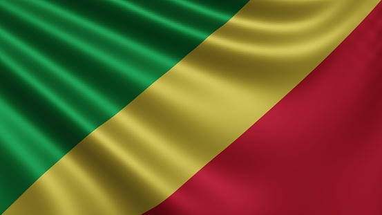 Render of the Republic Congo flag flutters in the wind close-up, the national flag of Republic Congo Flutters in 4k resolution, close-up, colors: RGB. High quality 3d illustration