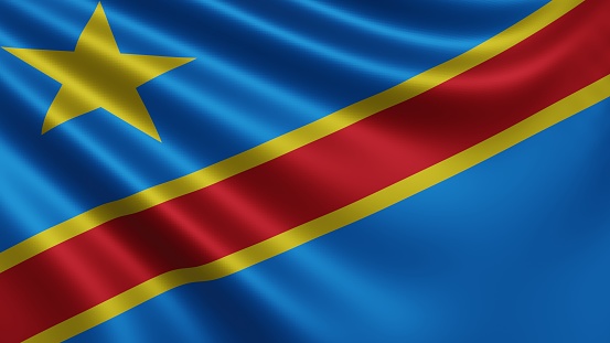Render of the Democratic Republic of the Congo flag flutters in the wind close-up, the national flag of Democratic Republic of the Congo flutters in 4k resolution, close-up, colors: RGB. High quality 3d illustration