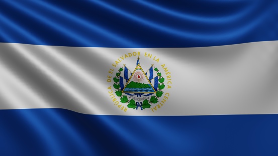 Render of the El Salvador flag flutters in the wind close-up, the national flag of El Salvador flutters in 4k resolution, close-up, colors: RGB. High quality 3d illustration