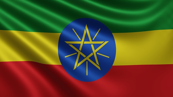 Render of the Ethiopia flag flutters in the wind close-up, the national flag of Ethiopia flutters in 4k resolution, close-up, colors: RGB. High quality 3d illustration