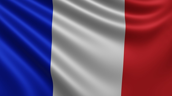 Render of the France flag flutters in the wind close-up, the national flag of France flutters in 4k resolution, close-up, colors: RGB. High quality 3d illustration