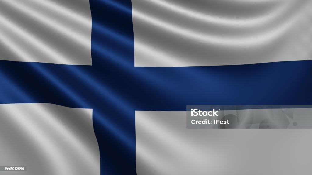 Render of the Finland flag flutters in the wind close-up, the national flag of Finland flutters in 4k resolution, close-up, colors: RGB. Render of the Finland flag flutters in the wind close-up, the national flag of Finland flutters in 4k resolution, close-up, colors: RGB. High quality 3d illustration All European Flags Stock Photo