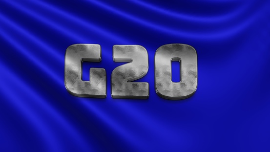 Render of the Big Twenty flag flutters in the wind close-up, the G20 flutters in 4k resolution, close-up, colors: RGB. High quality 3d illustration