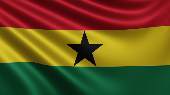 Render of the Ghana flag flutters in the wind close-up, the national flag of Ghana flutters in 4k resolution, close-up, colors: RGB. High quality 3d illustration