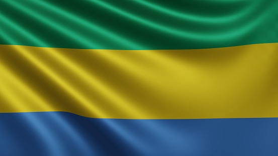 Render of the Gabon flag flutters in the wind close-up, the national flag of Gabon flutters in 4k resolution, close-up, colors: RGB. High quality 3d illustration