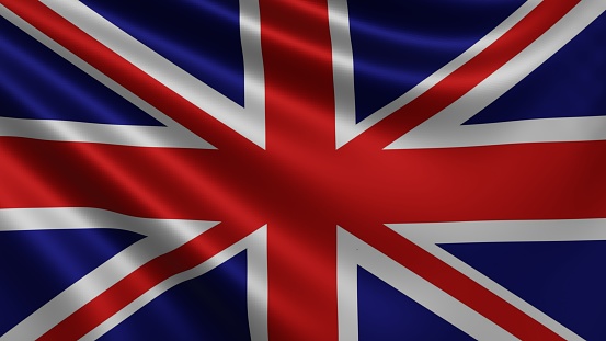 Render of the Great Britain flag flutters in the wind close-up, the national flag of Great Britain flutters in 4k resolution, close-up, colors: RGB. High quality 3d illustration