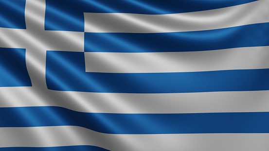 Render of the Greece flag flutters in the wind close-up, the national flag of Great Britain flutters in 4k resolution, close-up, colors: RGB. High quality 3d illustration