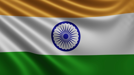 Render of the India flag flutters in the wind close-up, the national flag of India flutters in 4k resolution, close-up, colors: RGB. High quality 3d illustration