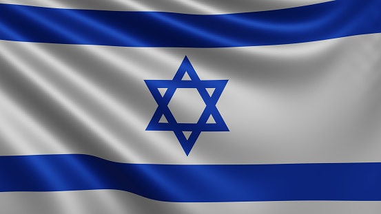 Render of the Israel flag flutters in the wind close-up, the national flag of Israel flutters in 4k resolution, close-up, colors: RGB. High quality 3d illustration