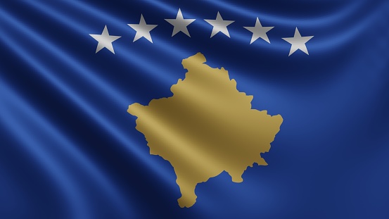 Render of the Kosovo flag flutters in the wind close-up, the national flag of Kosovo flutters in 4k resolution, close-up, colors: RGB. High quality 3d illustration