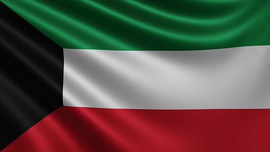 Render of the Kuwait flag flutters in the wind close-up, the national flag of Kuwait flutters in 4k resolution, close-up, colors: RGB. High quality 3d illustration