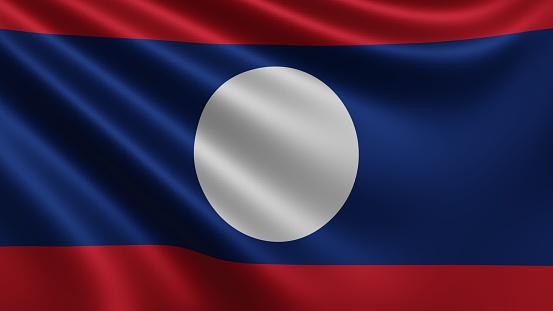 Render of the Laos flag flutters in the wind close-up, the national flag of Laos flutters in 4k resolution, close-up, colors: RGB. High quality 3d illustration