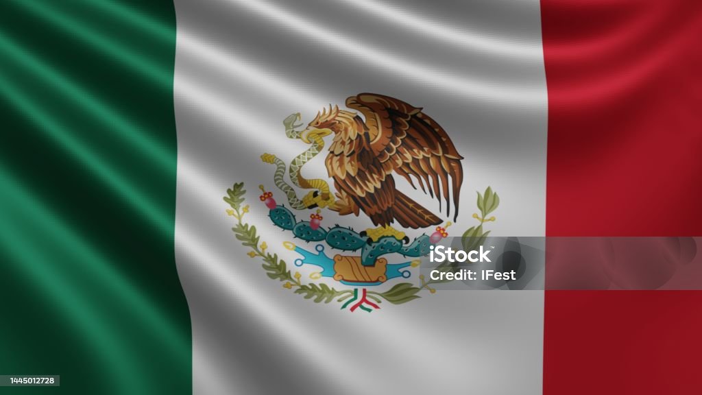 Render of the Mexico flag flutters in the wind close-up, the national flag of Mexico flutters in 4k resolution, close-up, colors: RGB. Render of the Mexico flag flutters in the wind close-up, the national flag of Mexico flutters in 4k resolution, close-up, colors: RGB. High quality 3d illustration 4K Resolution Stock Photo