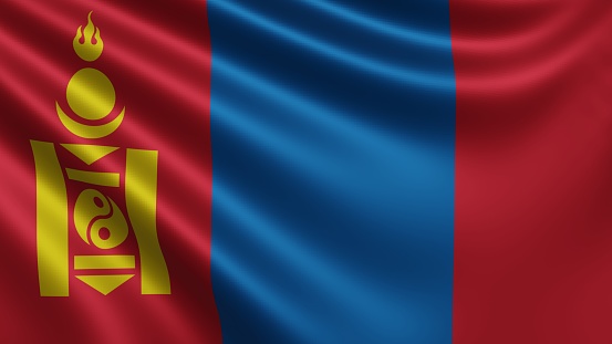 Render of the Mongolia flag flutters in the wind close-up, the national flag of Mongolia flutters in 4k resolution, close-up, colors: RGB. High quality 3d illustration