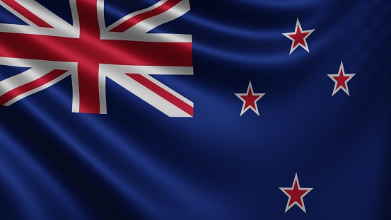 Render of the New Zealand flag flutters in the wind close-up, the national flag of New Zealand flutters in 4k resolution, close-up, colors: RGB. High quality 3d illustration