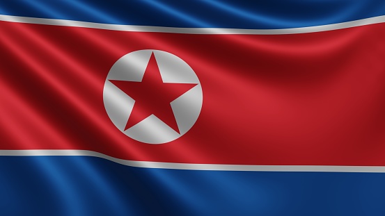 Representación de la bandera de Corea del Norte ondea en el primer plano del viento, la bandera nacional de Corea del Norte ondea en resolución 4k, primer plano, colores: RGB. photo