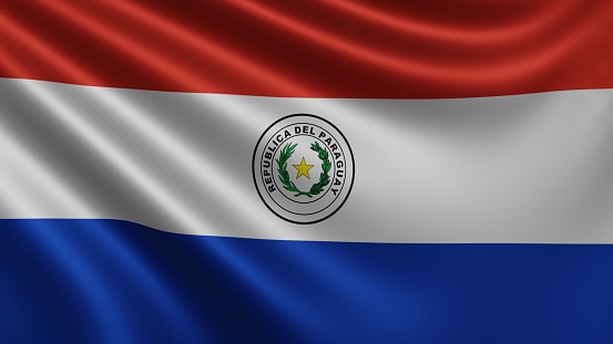 Render of the Paraguay flag flutters in the wind close-up, the national flag of Paraguay flutters in 4k resolution, close-up, colors: RGB. High quality 3d illustration