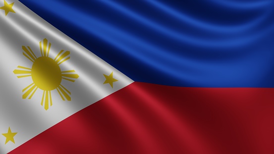 Render of the Philippines flag flutters in the wind close-up, the national flag of Philippines flutters in 4k resolution, close-up, colors: RGB. High quality 3d illustration