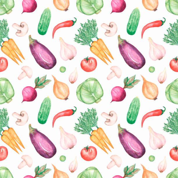 istock Watercolor hand drawn seamless pattern with vegetables. Fresh Food repeat paper. Tomato, carrot, onion, mushrooms, chili pepper and  cucumber textile print. 1445012882