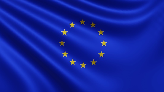 Render of the European Union flag flutters in the wind close-up, the European Union flutters in 4k resolution, close-up, colors: RGB. High quality photo