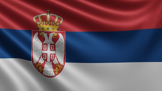 Render of the Serbia flag flutters in the wind close-up, the national flag of Serbia flutters in 4k resolution, close-up, colors: RGB. High quality 3d illustration