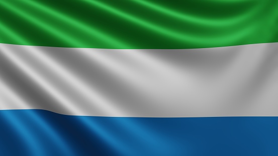 Render of the Sierra Leone flag flutters in the wind close-up, the national flag of Sierra Leone flutters in 4k resolution, close-up, colors: RGB. High quality 3d illustration