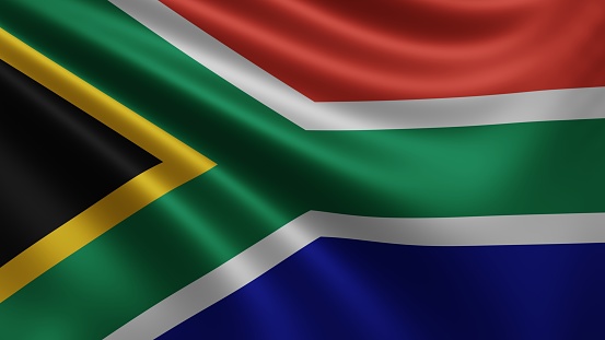 Grungy flag of South Africa in the shape of a map of the country. Map outline adapted from public-domain map at https://upload.wikimedia.org/wikipedia/commons/thumb/d/d3/Map_of_South_Africa.svg/2048px-Map_of_South_Africa.svg.png