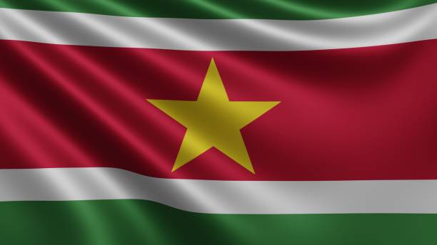 render della bandiera del suriname sventola nel vento in primo piano, la bandiera nazionale del suriname in risoluzione 4k, primo piano, colori: rgb. - flag of suriname foto e immagini stock