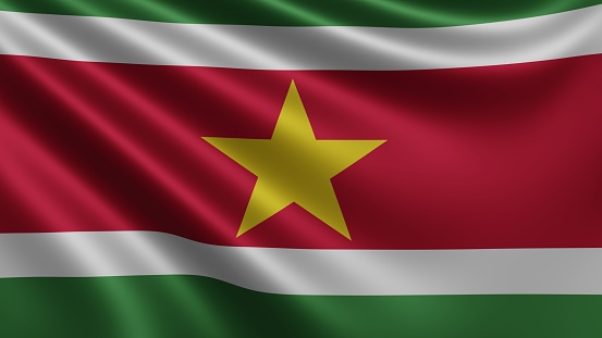 Render of the Suriname flag flutters in the wind close-up, the national flag of Suriname in 4k resolution, close-up, colors: RGB. High quality 3d illustration