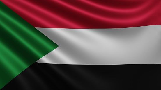 Render of the Sudan flag flutters in the wind close-up, the national flag of Sudan in 4k resolution, close-up, colors: RGB. High quality 3d illustration