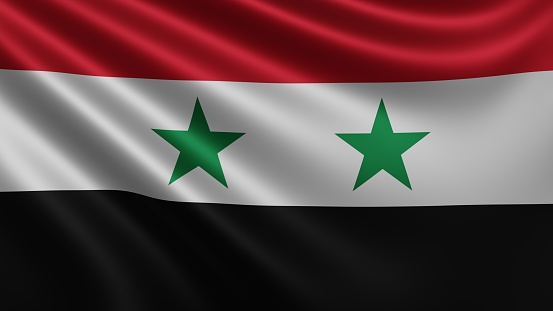 Render of the Syria flag flutters in the wind close-up, the national flag of Syria in 4k resolution, close-up, colors: RGB. High quality 3d illustration