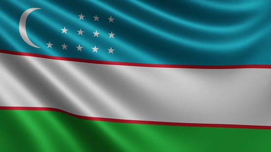 Render of the Uzbekistan flag flutters in the wind close-up, the national flag of Uzbekistan flutters in 4k resolution, close-up, colors: RGB. High quality 3d illustration